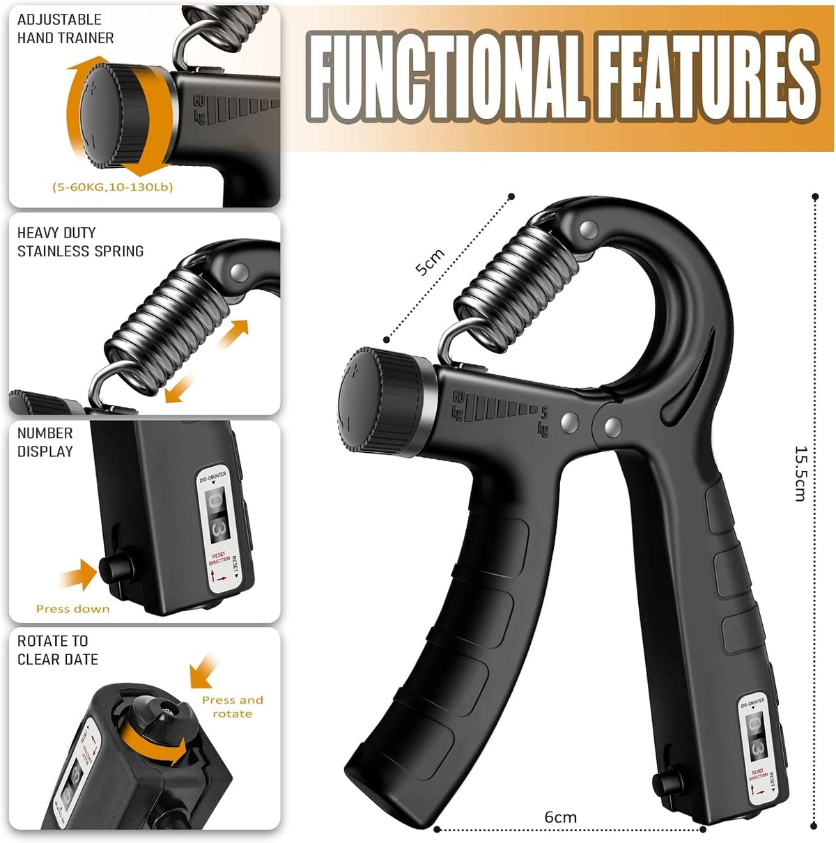DEPAR 6-Piece Hand Trainer Set, Adjustable Resistance 5-60 kg, Grip Strength, Forearm Trainer, Finger Trainer, Forearm Hand Trainer Training for Athletes, Hand Strengthener